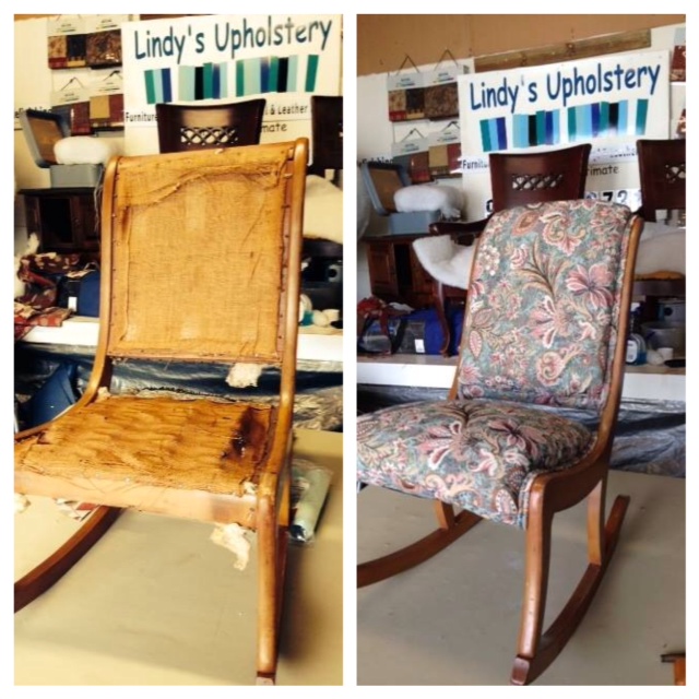 before and after of reupholstered rocker