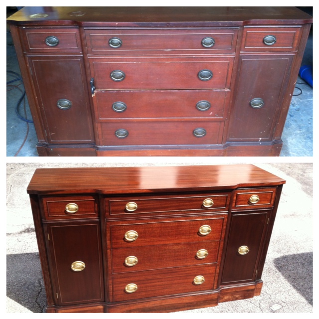 before and after photo of refinished wood dresser